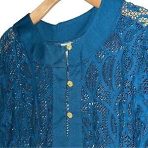 L*Space Women’s Size S Teal Blue Green Lace Gold Button Front Tunic Shirt Top